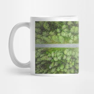 Empty straight road through the forest top down aerial view Mug